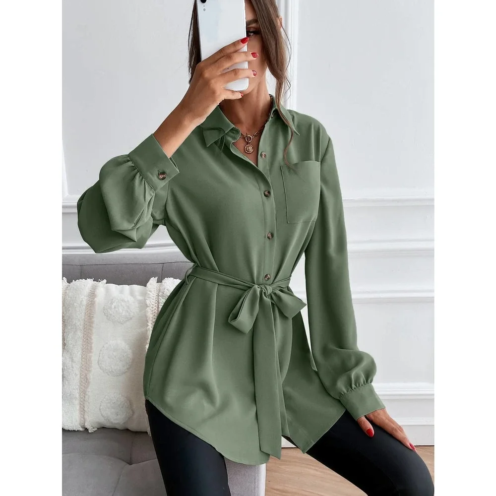 long sleeve Button down Belted tunic length Shirt black - Picture 10 of 11